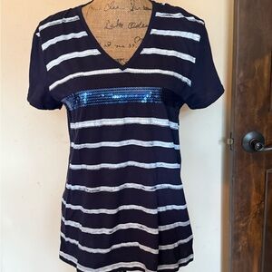 Navy and White Striped Women's Top by Tommy Hilfiger